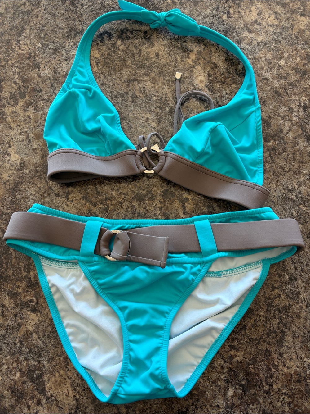 VENUS Teal Halter Bikini with Taupe Belt Accents